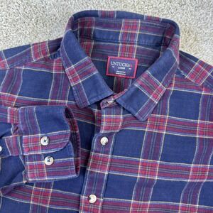 UNTUCKit Rosato Button Up Men Large Navy Plaid Flannel Long Sleeve Shirt 41001